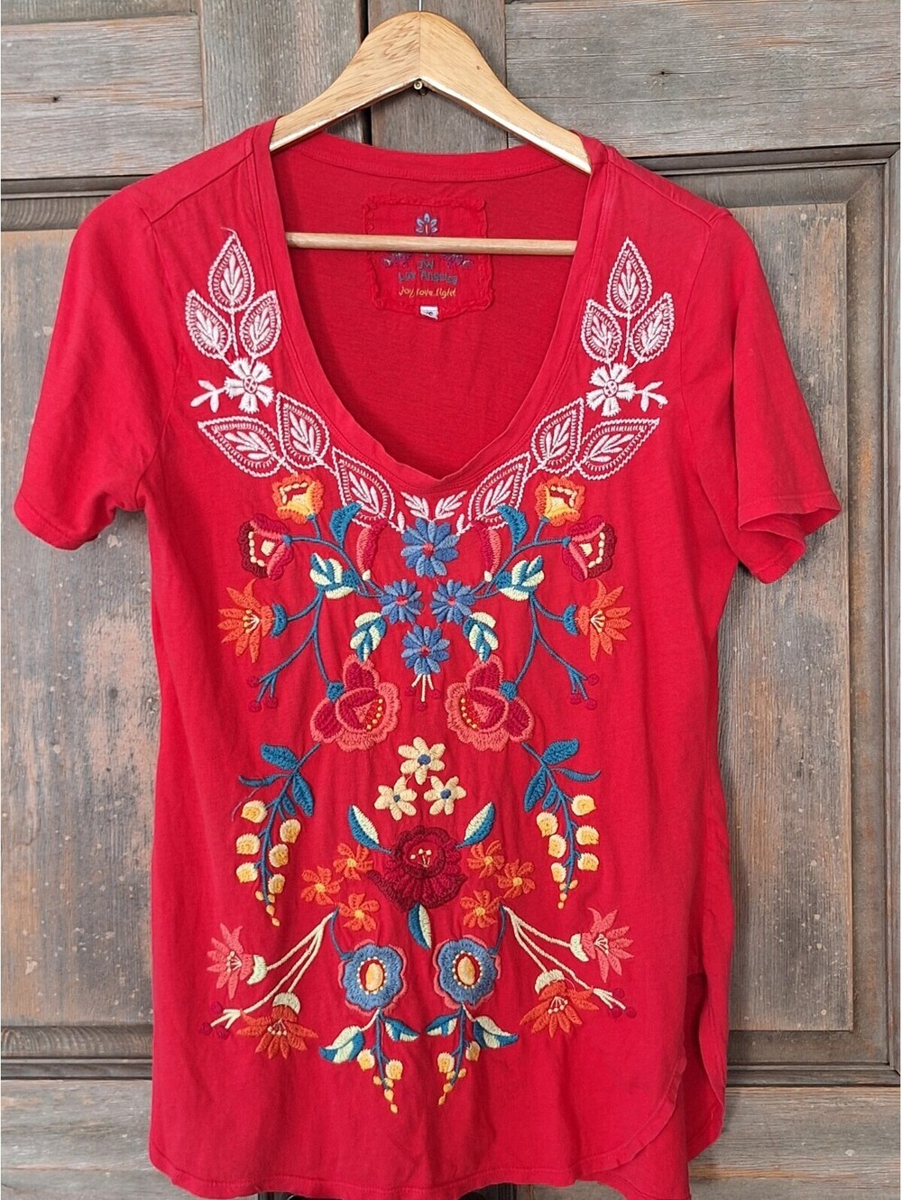 Johnny Was LA (JWLA)  Red Floral Embroidered Womens T-Shirt Size XS/ S.